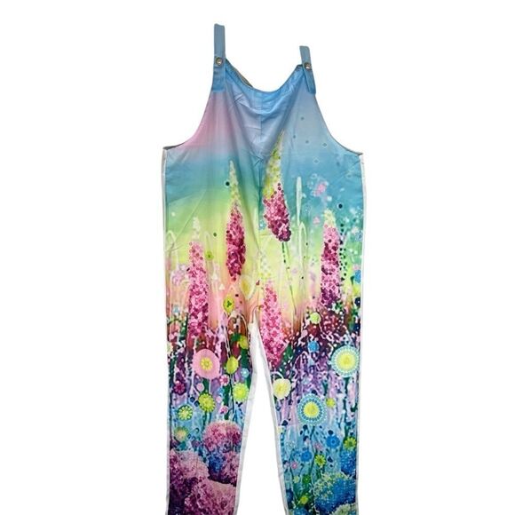 Pants - Fashion Jumpsuit Overalls Floral Pastel Lightweight Fun Artsy Faux Pearl Button